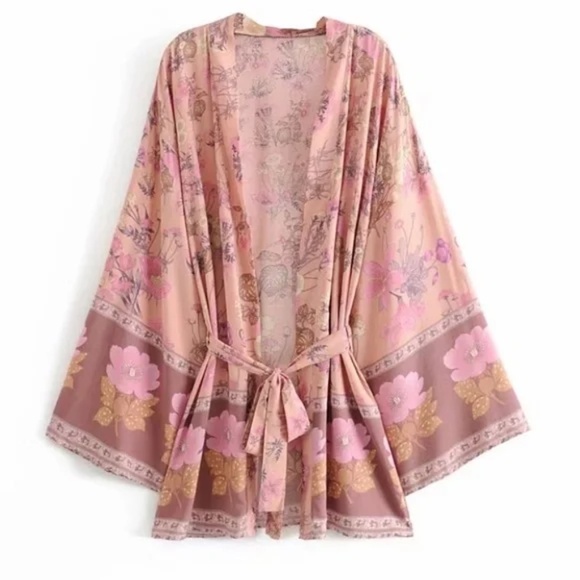 Pink Festival Bohemian Flower Floral Boho Printed Short Kimono Robe Tunic Wrap - Picture 4 of 14